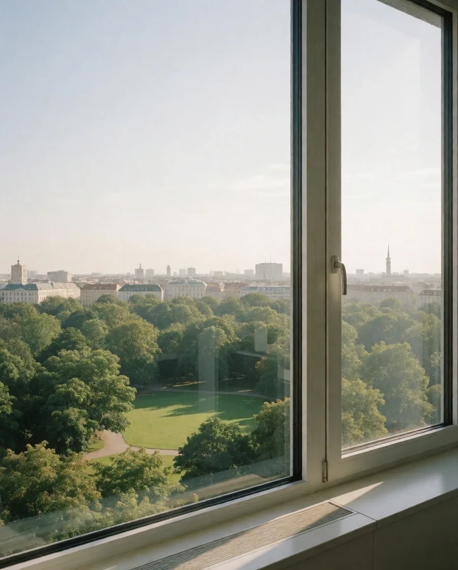 Blick aus dem Bürofenster in die Ferne zur Entspannung der Augen