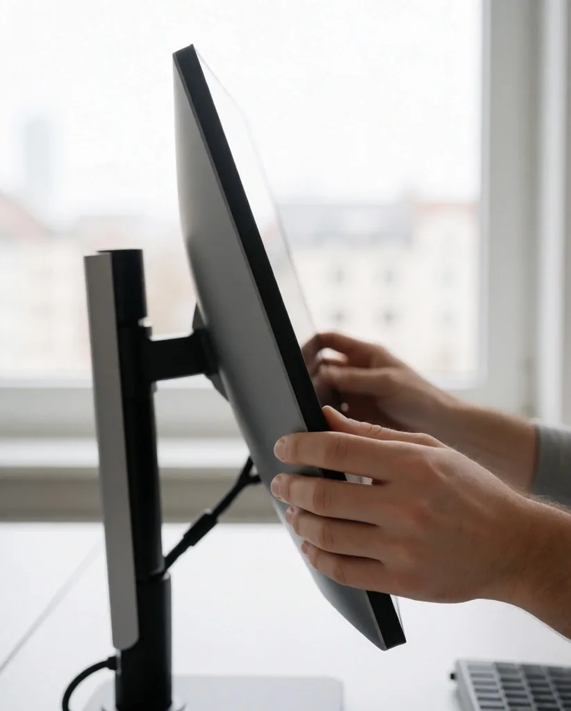 Hände stellen einen Monitor auf die ergonomisch korrekte Höhe ein