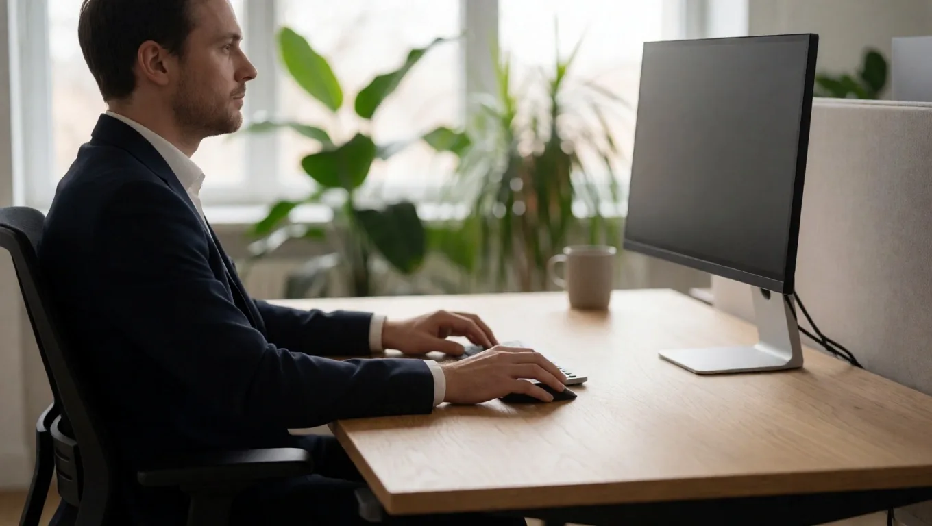 Büroangestellte arbeitet in korrektem Monitorabstand am Schreibtisch