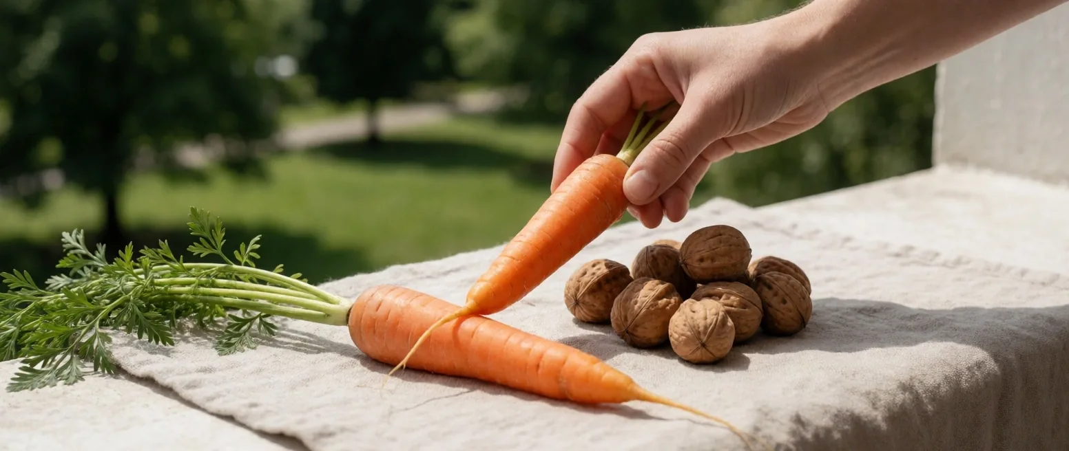 Nährstoffreiche Snacks für die Augengesundheit: Walnüsse, Heidelbeeren, Karotte und Wasser