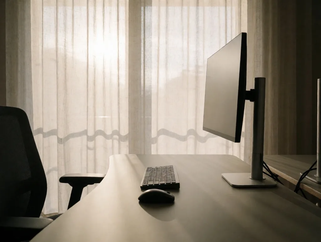 Büroangestellte arbeitet in korrektem Monitorabstand