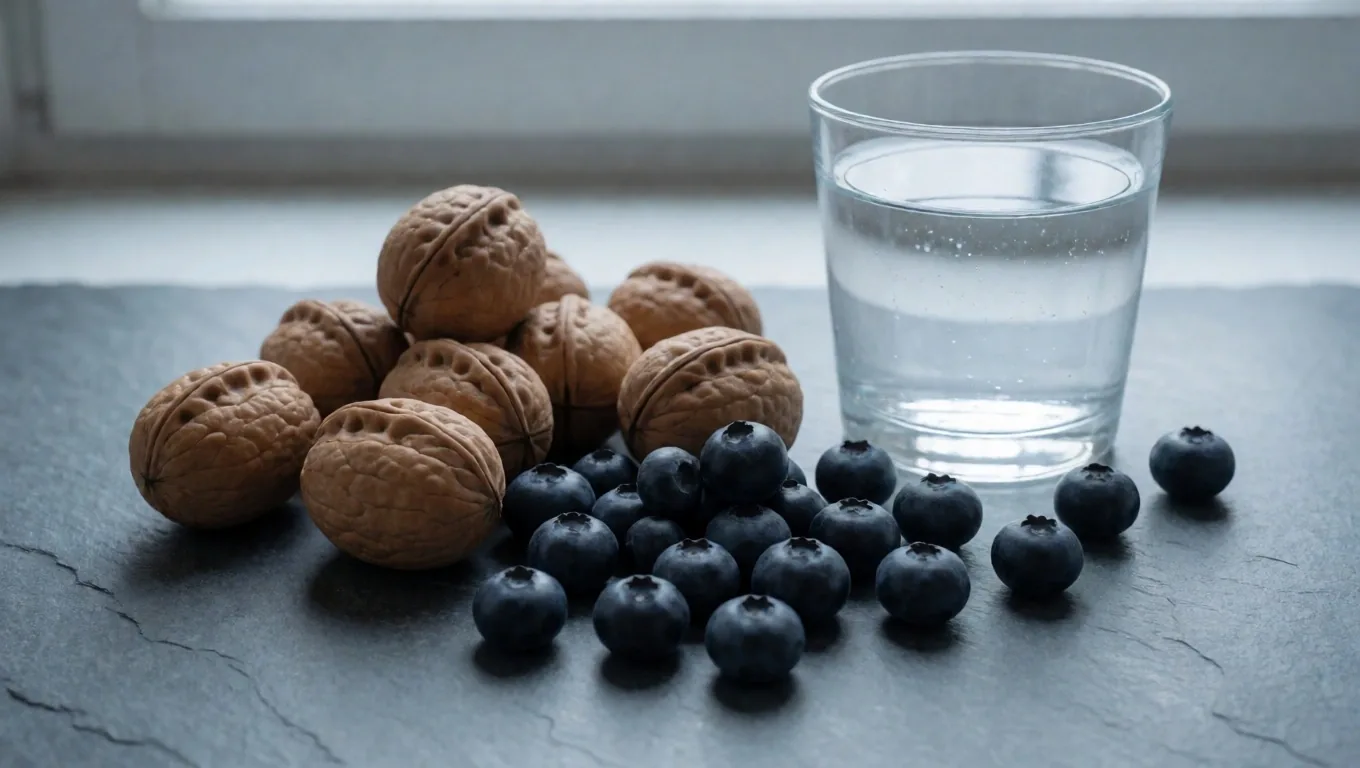 Nährstoff-Stillleben mit Walnüssen, Blaubeeren und Wasser
